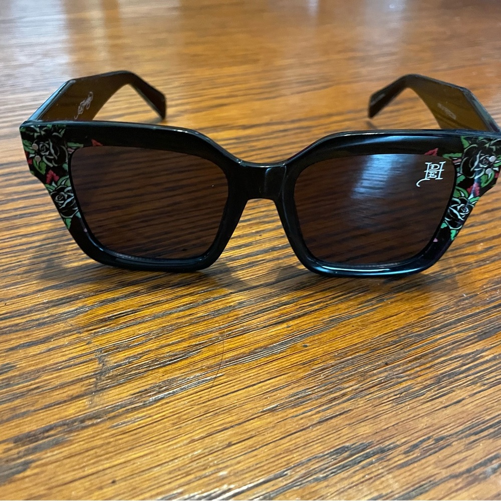Ed Hardy Black Square Sunglasses with Floral Temple Accents